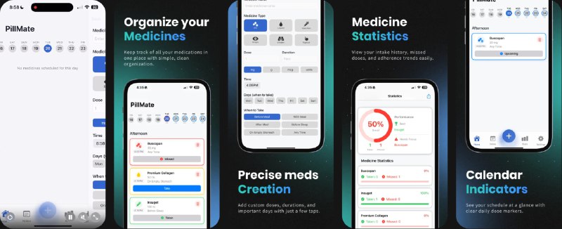  #应用限免  软件名称：PillMate – Medicine Tracker   支持平台：#iOS 17+  软件价格：内购限免  软件简介：一款智能用药提醒与服药记录工具，帮助你稳定坚持吃药、保健品和维生素