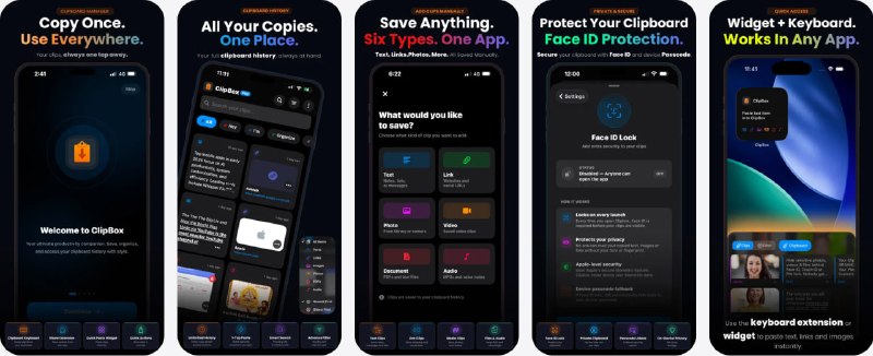  #应用限免  软件名称：ClipBox – Copy & Paste Manager  支持平台：#iOS 16.0+  软件价格：内购限免  软件简介：一款功能强大的剪贴板管理器应用，能够保存所有复制的文本、链接、图片、PDF、视频和音频内容