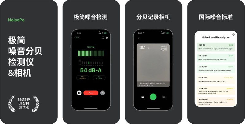  #应用限免  软件名称：NoisePo-噪音分贝  支持平台：#iOS 15.0+  软件价格：内购限免  软件简介：一款简单实用的噪音计应用，利用设备内置麦克风检测并显示环境噪音的分贝 (dB) 值