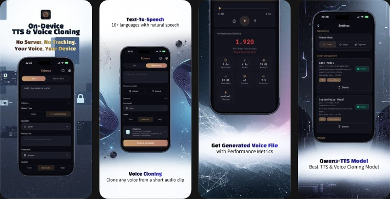  #应用限免  软件名称：Echovo - TTS & Voice Cloning  支持平台：#iOS 17.0+  软件价格：￥8.00 -> ¥0.00  软件简介：一款本地运行的 AI 文本转语音与变声克隆工具，支持输入文本生成自然语音，或录制 / 导入音频一键克隆声音，可在英文、中文、日语、韩语、德语、法语等 11 种语言中合成语音，并提供自动语言识别