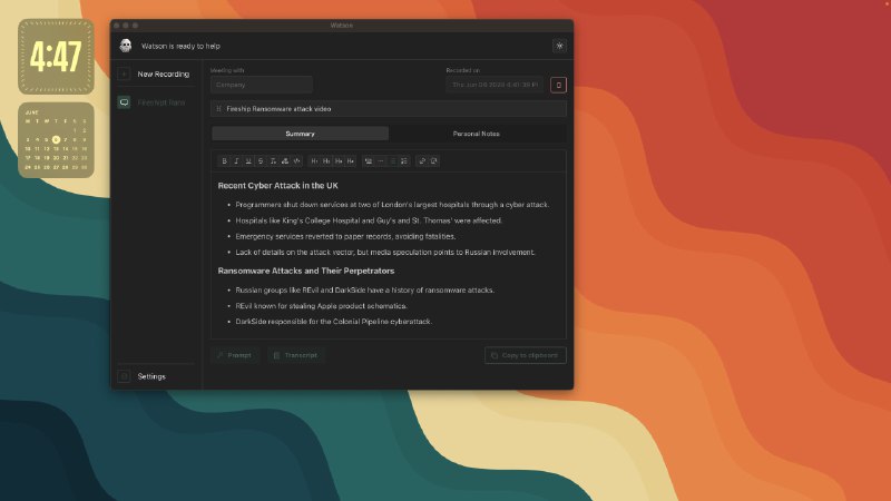  #优质应用  软件名称：Watson AI note taker  支持平台：#macOS #Windows  软件价格：免费  软件简介：一款会议录音和总结工具，支持英语、法语和中文