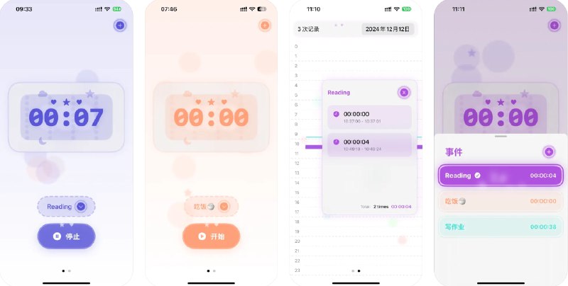  #应用限免  软件名称：喵喵计时-极简记录每日琐碎时间  支持平台：#iOS 17.6+  软件价格：¥3.00 -> ¥0.00  软件简介：一款简单、有趣的时间追踪应用，帮助您清晰记录一天的每一项活动，包括工作、学习、追剧等