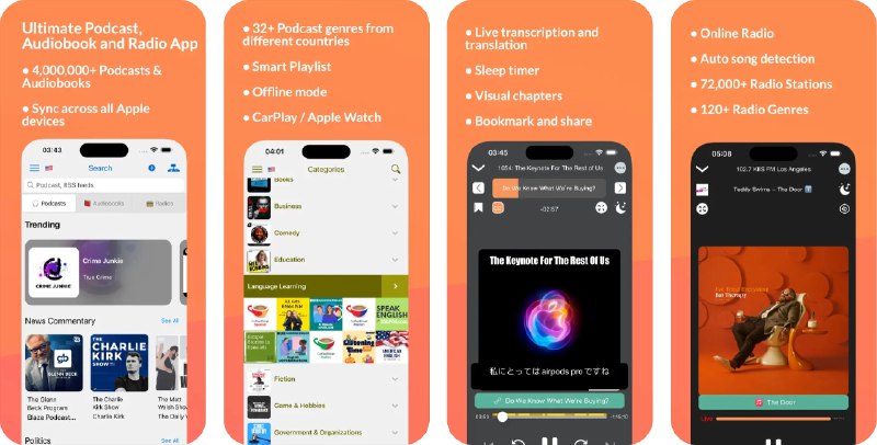  #应用限免  软件名称：Podcast App - PlaydioCast  支持平台：#iOS 13.0+  软件价格：美区内购限免  软件简介：一款音频娱乐应用，集成了播客、电子书、在线电台节目的发现与播放，并支持个性化的听音体验