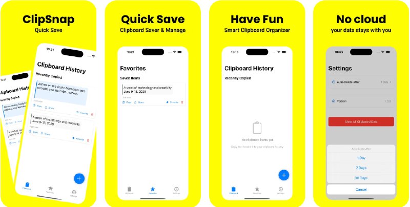  #应用限免  软件名称：ClipSnap  支持平台：#iOS 17.0+  软件价格：¥68.00 -> ¥0.00  软件简介：一款简洁的智能剪贴板工具