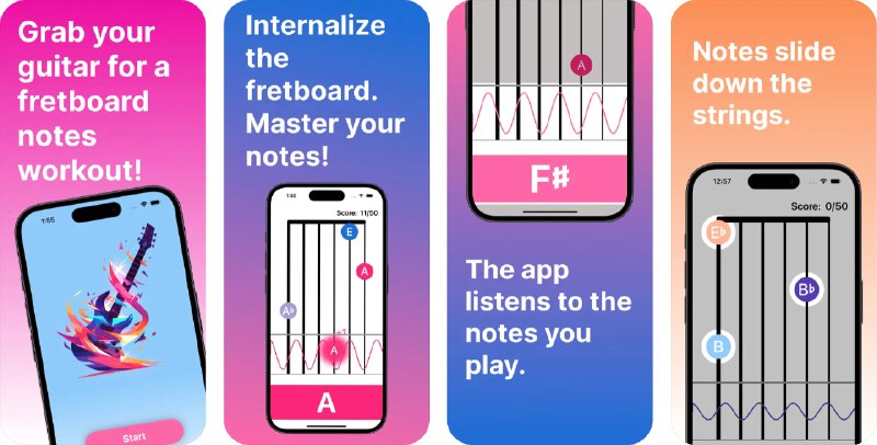  #应用限免  软件名称：FretFluent - Fretboard Notes  支持平台：#iOS 16.0+  软件价格：¥8.00 -> ¥0.00  软件简介：一款吉他学习应用，可以通过互动游戏的方式，使吉他练习变得有趣且富有成效