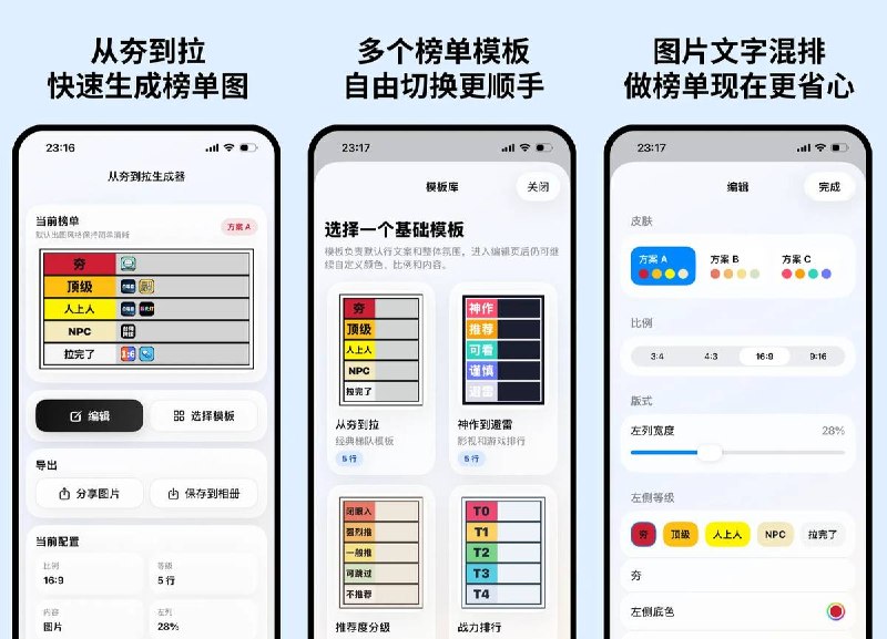  #应用限免  软件名称：从夯到拉生成器  支持平台：#iOS 17.6+  软件价格：￥18.00 -> ¥0.00  软件简介：离线梯队榜单/图片榜单/排行表格制作工具