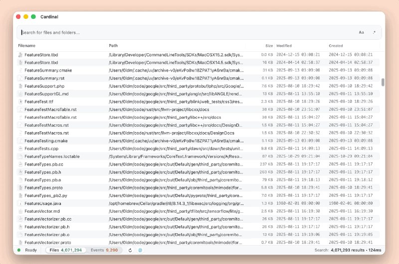  #优质应用  软件名称：Cardinal  支持平台：#macOS   软件价格：免费  软件简介：一款专为 macOS 设计的快速文件搜索工具，采用 Everything 兼容的语法层，结合经典子字符串/前缀技巧，提供高效、灵活的文件搜索体验