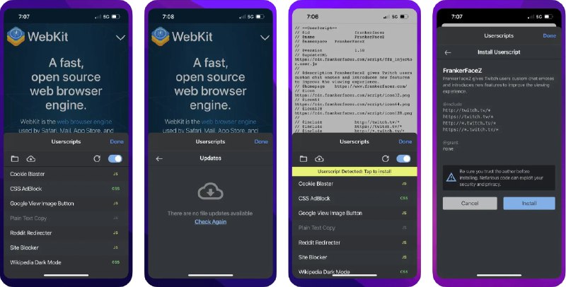  #优质应用  软件名称：Userscripts  支持平台：#iOS 15.0+ #macOS 12.0+  软件价格：免费  软件简介：一款开源的 Safari 浏览器扩展，让您可以在网站上保存和执行 JavaScript 和 CSS 脚本，从而增强浏览体验