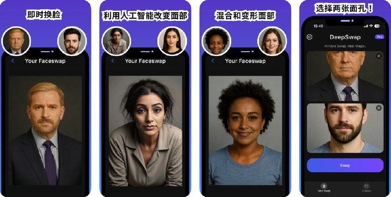  #应用限免  软件名称：换脸人工智能  支持平台：#iOS 12.0+   软件价格：内购限免  软件简介：一款基于 AI 的换脸和人脸融合应用，支持在几秒内实现人脸替换、性别变换、无缝融合等多种深度换脸效果
