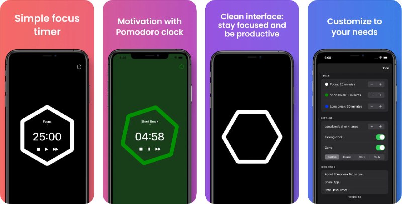  #应用限免  软件名称：Hexa Timer: Simple focus timer  支持平台：#iOS 14.0+  软件价格：¥15.00 -> ¥0.00  软件简介：一款简单易用的专注计时器应用，帮助您提高效率和专注力