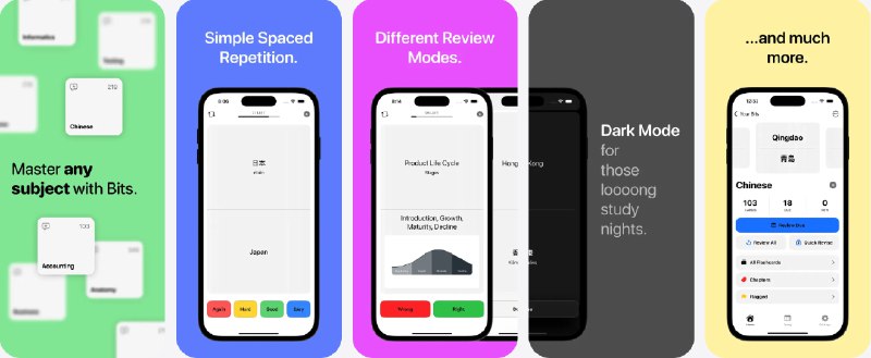  #应用限免  软件名称：Bits - Smart Flashcards  支持平台：#iOS 17.6+  软件价格：内购限免  软件简介：一款智能闪卡学习工具，通过“间隔重复法”提升学习效率，并配备快速滚动复习模式，帮助你随时掌握知识