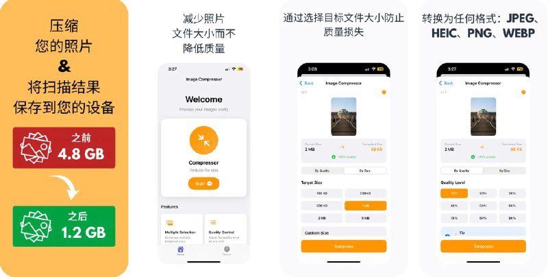  #应用限免  软件名称：压缩照片与图片  支持平台：#iOS 16.1+  软件价格：内购限免  软件简介：一款图像压缩与尺寸调整工具，支持批量处理与智能压缩，照片体积可缩小至多90%且尽量保持清晰