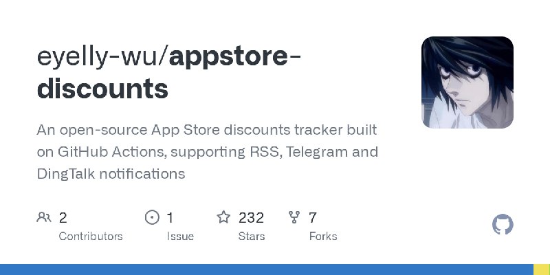   项目名称：appstore-discounts  项目功能：Apple Store 折扣信息  项目简介：一个App Store折扣信息跟踪器，支持RSS、Telegram和钉钉通知