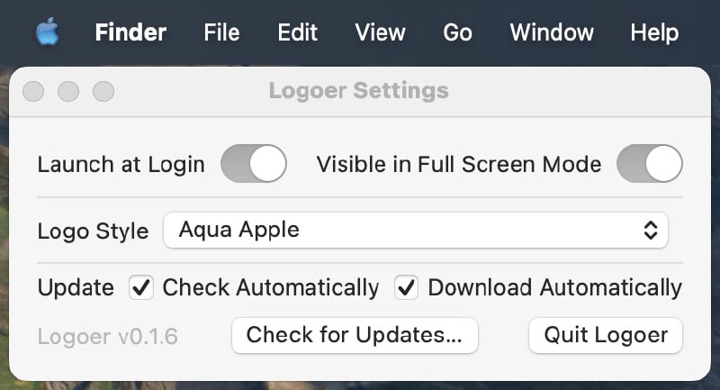  #优质应用  软件名称：Logoer  支持平台：#macOS  软件价格：免费  软件简介：一款用于更改菜单栏中苹果Logo的样式的小工具