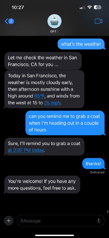 机器人名称：iChatWithGPT 机器人功能：AI聊天 机器人简介：一款可以在imessage中使用的AI聊天机器人