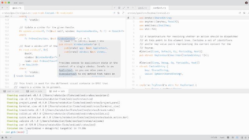   软件名称：Zed  软件功能：多人代码编辑器  支持平台：#macOS  软件简介：一款高性能的多人代码编辑器，结合了IDE和轻量级编辑器的功能，提供智能提示、语言感知、终端集成等多种功能，让编码变得更加高效和愉快