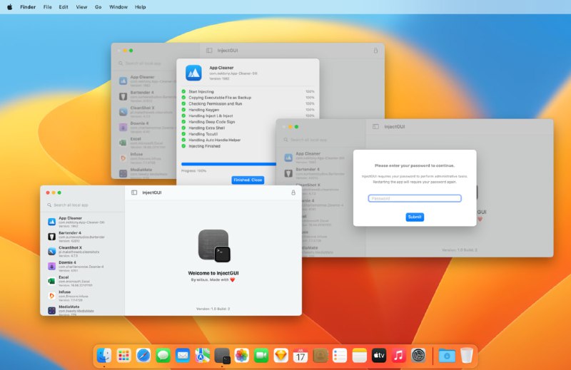  #优质应用  软件名称：InjectGUI  支持平台：#macOS  软件价格：免费  软件简介：一个为macOS设计的集成注入框架的图形用户界面，通过简单的图形界面进行应用程序的注入操作，支持备份可执行文件、检查权限并终止进程、处理密钥生成、深度代码签名、Tccutil以及额外的Shell操作等