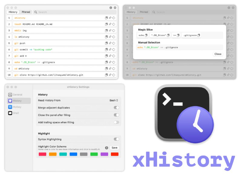  #优质应用  软件名称：xHistory  支持平台：#macOS  软件价格：免费  软件简介：一款基于SwiftUI构建的强大命令行历史记录管理工具，简化用户在终端中的历史命令管理