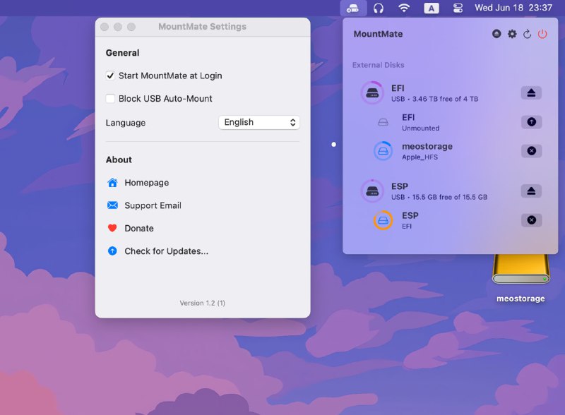  #优质应用  软件名称：MountMate  支持平台：#macOS   软件价格：免费  软件简介：一款轻量级的macOS菜单栏应用，可以通过单击轻松地挂载和卸载外部驱动器，无需使用终端或磁盘工具