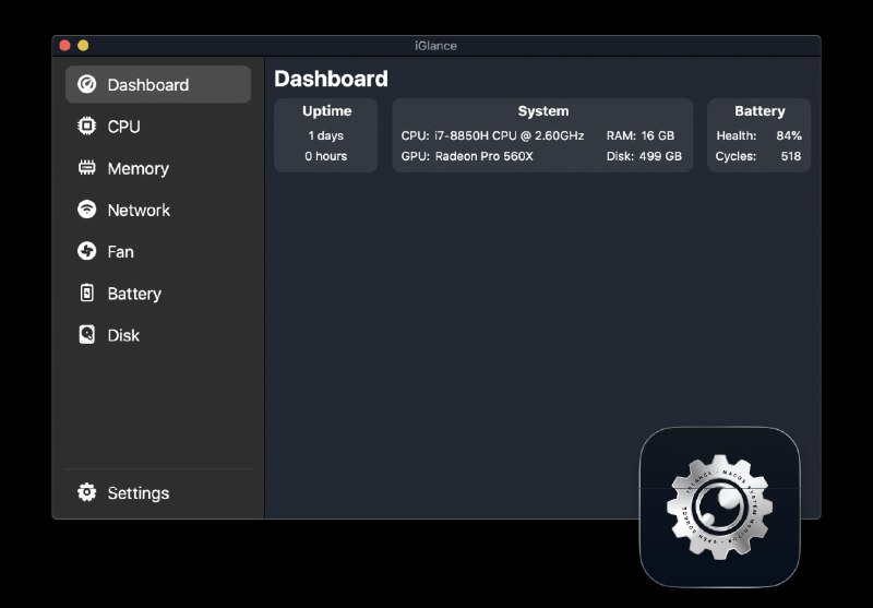   软件名称：iGlance  软件功能：系统监视器  支持平台：#macOS  软件简介：iGlance属于一个小型系统监视器，可在菜单栏上显示有关 Mac 的当前统计信息，例如CPU占用、内存使用、网络信息、电池、磁盘使用、风扇转速等等，所有系统信息一目了然