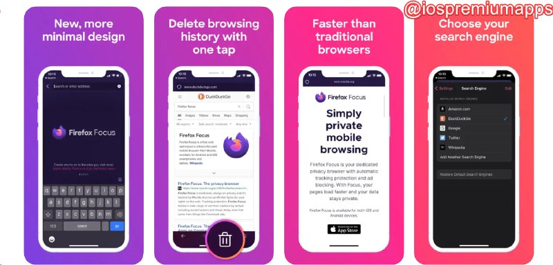 #优质应用 软件名称：Firefox Focus : 隐私浏览器 支持平台：#iOS 软件价格：免费 软件功能：浏览器 软件简介：Mozilla推出的一款轻量浏览器，简单易用，既可以单独作为浏览器也可以作为插件集成到Safari中，支持常见的广告拦截，隐私追踪等功能，并且默认会在您退出浏览器时清除浏览记录 软件下载：点击下载 频道    群聊    投稿    合作
