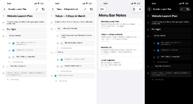  #应用限免 软件名称：Menu Bar Notes: Quick Capture 支持平台：#iOS 17.0+ 软件价格：免费 软件简介：一款跨 iPhone、iPad 与 Mac 的快捷笔记应用，支持 Markdown 风格块、待办清单、折叠大纲和标签页，并通过个人 iCloud 同步