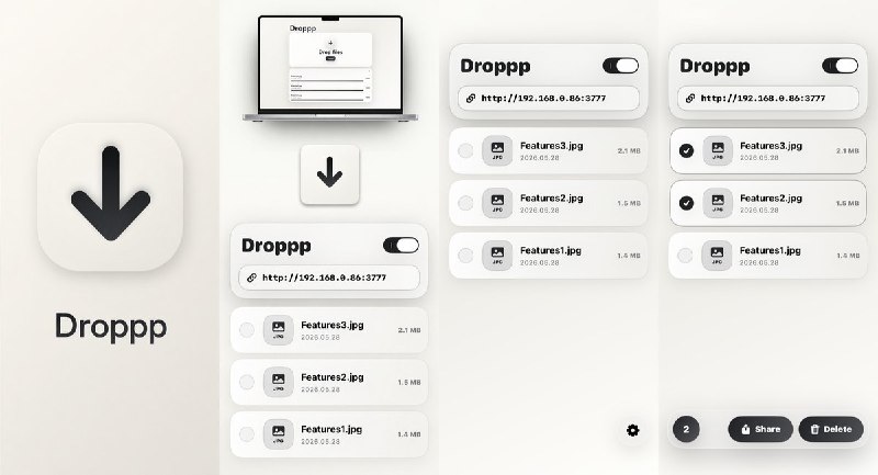  #应用限免 软件名称：Droppp - Wi-Fi文件传输 支持平台：iOS 18.0+ 软件价格：免费 软件简介：一款通过局域网在浏览器与 iPhone、iPad 之间传输文件的工具，支持拖放上传、文件夹整理和批量移动，无需账户或云端中转