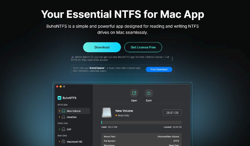 #互联网观察 #MacOS ▎BuhoNTFS: 免费领取一份终身许可证BuhoNTFS 是一个适用于Mac的NTFS软件， 可在 Apple macOS 和 Microsoft NTFS 格式驱动器之间提供无缝集成，简单而强大