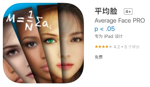 #应用限免【软件名称】平均脸 【软件支持】iPhone、iPad【软件大小】9.25M【软件价格】￥6→0【有无内购】无【支持语言】简体中文、繁体中文、英文等【软件分类】摄影与录像【功能简介】将几张面孔混合在一起，形成一张全新的“统计学上的平均面孔”