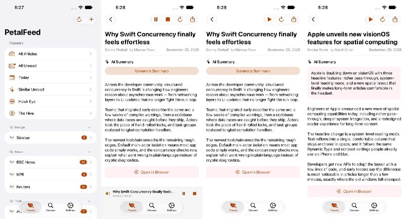  #应用限免 软件名称：PetalFeed: RSS Reader 支持平台：#iOS 26.1+ 软件价格：免费 软件简介：注重无障碍体验的 RSS 阅读器，支持订阅博客、Reddit 和 YouTube、全文提取与文章朗读，并可导入导出 OPML
