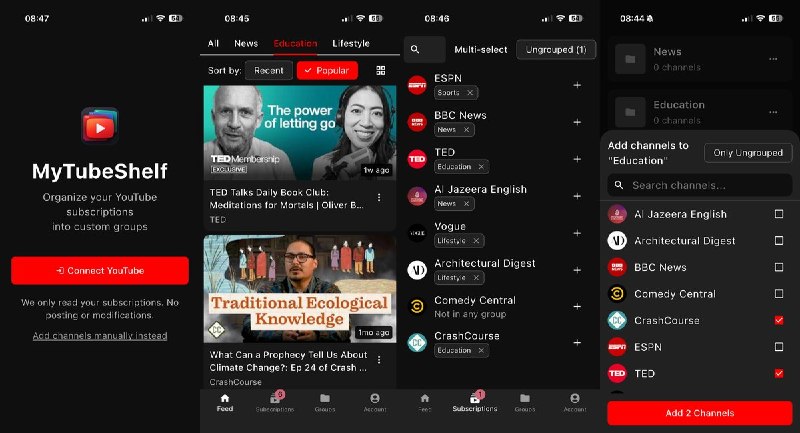  #应用限免 软件名称：MyTubeShelf 支持平台：#iOS 15.6+ 软件价格：免费 软件简介：YouTube 订阅整理工具，可按主题建立分组，按日期或热度浏览视频，并通过 iCloud 同步分组设置