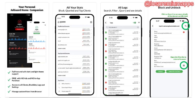  #优质应用 软件名称：AdGuard Home 支持平台：#iOS 软件价格：免费 软件功能：AdGuardHome仪表盘 软件简介：AdGuard Home是一款网络DNS广告拦截与隐私保护工具，旨在保护您的设备免受恶意软件、广告跟踪和其他不必要的内容干扰