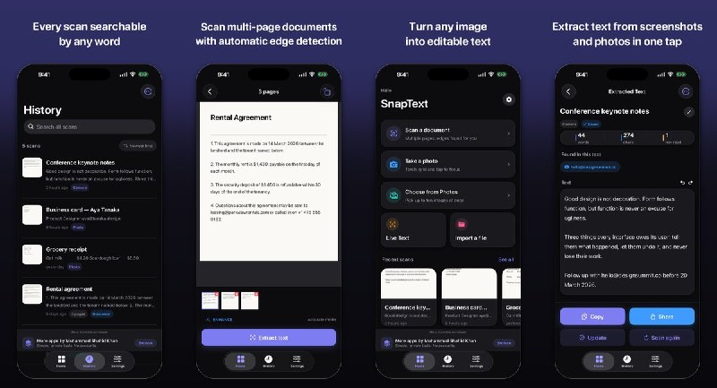  #应用限免 软件名称：SnapText - Image to Text 支持平台：iOS 17.0+ 软件价格：免费 软件简介：从照片、截图或多页扫描文档中提取文字，支持编辑、搜索、复制导出及清理多余换行