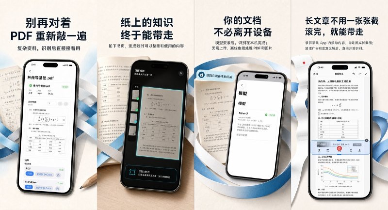  #应用限免 软件名称：DocWeave：PDF图片转文字，离线OCR文档扫描与识别 支持平台：#iOS 17.0+ 软件价格：内购限免 软件简介：一款在设备本地运行 AI 文档识别模型的离线 OCR 应用，支持拍摄纸质资料、录屏采集滚动内容、识别表格/公式/代码等复杂版面，并可导出重建 PDF、Markdown、EPUB 与 MinerU 结果包