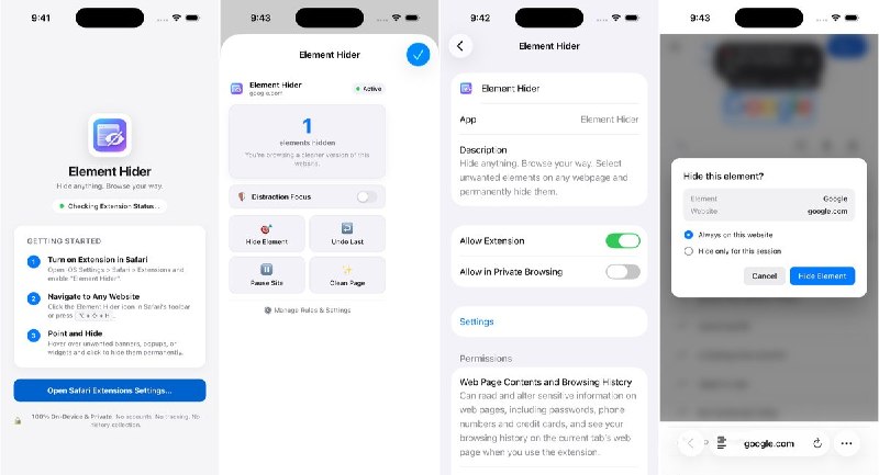  #应用限免 软件名称：Element Hider 支持平台：iOS 15.0+ 软件价格：免费 软件简介：Safari 网页元素隐藏工具，可手动选择并隐藏横幅、弹窗、侧栏、评论或推荐区，让常用网站只留下想看的内容；支持一键启停及统一开关隐藏规则，适合希望自行控制页面布局的用户