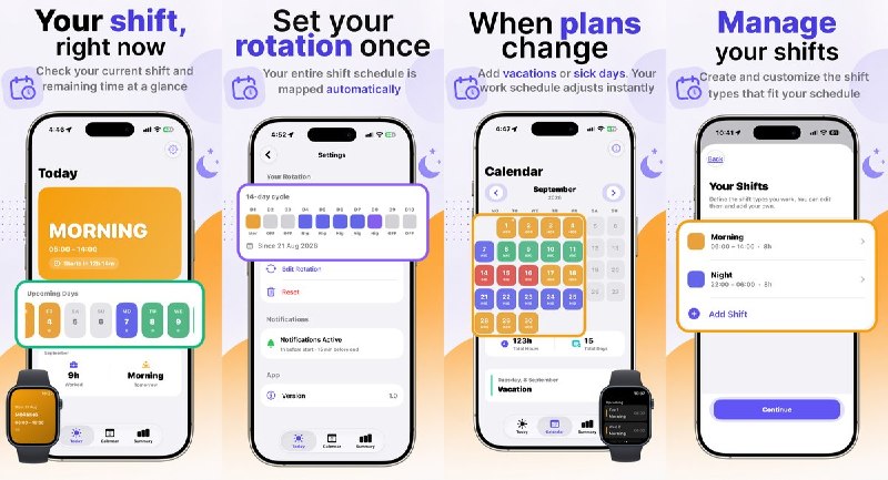  #应用限免 软件名称：Turnos - Shift Rotation Calendar 支持平台：iOS 18.0+ 软件价格：免费 软件简介：一款面向轮班工作者的排班日历应用，输入一次轮换班次即可自动推算未来每一天的排班，支持早晚夜班与自定义时段，今日视图和整月日历一目了然