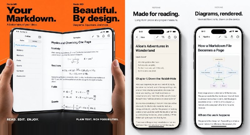  #应用限免 软件名称：Recto MD 支持平台：#iOS 18.0+ 软件价格：免费 软件简介：一款以阅读体验为核心的 Markdown 阅读与编辑工具，支持 GitHub 风格语法、Mermaid 图表、数学与化学公式、代码高亮和实时预览，适合查看与轻量修改技术文档
