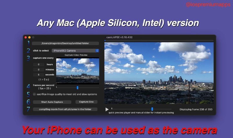  #应用限免  软件名称：camLAPSE 支持平台：#MacOS  软件价格：¥68.00 -> ¥0.00 软件功能：延时摄影 软件简介：一款让您使用连接到mac上的摄像头拍摄延时摄影的软件，您可以设置拍摄间隔和持续时间，应用将自动拍摄连续的照片，并将它们合成为流畅的延时效果，无论您是想捕捉日出日落、云彩流动还是其他变化的场景，这款软件能帮助您创造出令人惊叹的影像作品 软件下载：点击下载 频道    群聊    投稿    合作