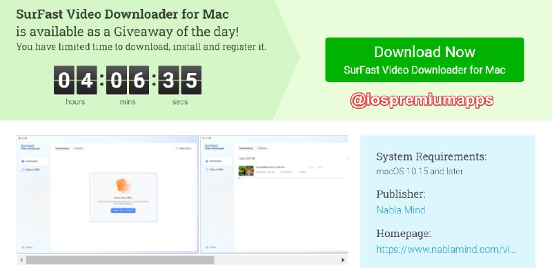  #应用限免 软件名称：SurFast Video Downloader 支持平台：#macOS 软件大小：173M 软件价格：$49.95→0 （还剩4小时） 内购价格：无 软件功能：视频下载 软件简介：SurFast 视频下载器 是从流行网站下载视频的终极工具