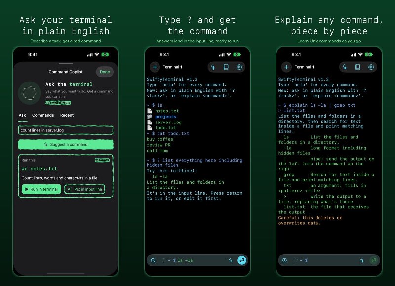  #应用限免 软件名称：SwiftyTerminal: Terminal Shell 支持平台：#iOS 26.0+ 软件价格：免费 软件简介：一款用于学习 Linux 命令的沙盒模拟终端，支持文件操作、文本处理、管道及 ping、SSH 等网络工具；可用自然语言获取命令建议和逐段解释，适合在 iPhone、iPad 上练习命令行，并非完整 Linux 环境