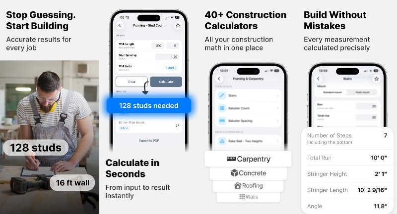  #应用推荐 软件名称：Build24: Construction Calc 支持平台：#iOS 18.6+ 软件价格：免费 软件简介：面向施工、装修和 DIY 的工程计算器，可估算混凝土、砖块、瓷砖和油漆用量，计算楼梯、屋顶坡度及面积体积，并支持英制与公制换算