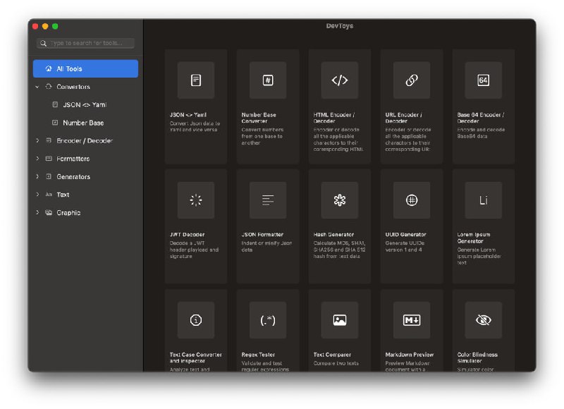   软件名称：DevToysMac  软件功能：工具集  支持平台：#macOS  软件简介：一款 macOS 上的开发者常用工具集合，无需安装下载解压后即可使用