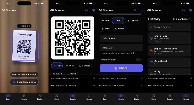 #应用限免 软件名称：QR Scanner · Baro 支持平台：#iOS 13.0+ 软件价格：免费 软件简介：离线二维码扫描与生成工具，打开链接前会完整展示目标地址并在本机检测钓鱼风险，也支持从相册识别、保留本地历史及生成 Wi-Fi、联系人等二维码