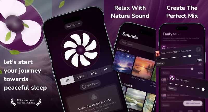  #应用限免 软件名称：Fanly : Bedtime Fan Sounds 支持平台：iOS 17.0+ 软件价格：内购限免 软件简介：一款白噪音助眠应用，提供多种真实风扇音效和自然声音，支持混合多种声音独立调音量，带睡眠定时器