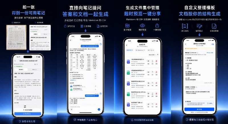  #应用限免 软件名称：随拍笔记 - 本地 AI 文档整理 支持平台：#iOS 26.0+ 软件价格：免费 软件简介：一款在设备端完成识别与整理的文档笔记工具，可将照片转为可编辑、可搜索的结构化笔记，并导出 Markdown、CSV、XLSX 或 PDF