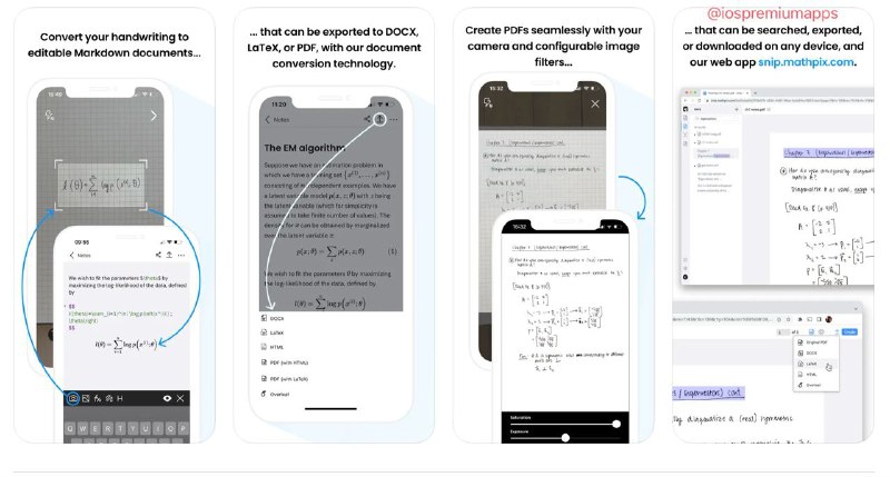  #优质应用  软件名称：Mathpix Snip 支持平台：#iOS 软件价格：免费 软件功能：OCR笔记、数学公式转换 软件简介：Mathpix Snip是一款面向STEM研究人员和专业人士的PDF和笔记应用