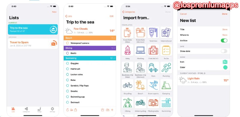  #应用限免 软件名称：ToPack: Trip Packing Checklist 支持平台：#iOS 软件价格：内购限免 软件功能：旅行清单 软件简介：一款旅行装备清单应用，它可以帮助用户创建旅行装备清单，导入/导出数据，创建自定义类别，并设置提醒