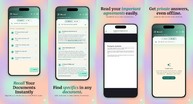  #应用限免 软件名称：Recall Offline-Your Docs, AI Answers, No Ads 支持平台：#iOS 16.0+ 软件价格：免费 软件简介：一款本地 PDF 智能问答工具，支持全文搜索与端侧 AI 问答，文档处理完全离线、无广告无订阅