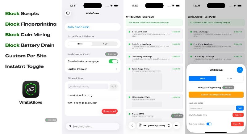  #应用限免 软件名称：WhiteGlove: No Fingerprinting - No script, no mining. 支持平台：iOS 18.0+ 软件价格：内购限免 软件简介：一款 Safari 防脚本追踪扩展，让你完全掌控网页 JavaScript 的执行——拦截以保护隐私、放行以确保兼容，浮动指示器一键切换，并支持按域名精细设置黑白名单