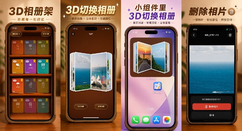  #应用限免 软件名称：PhotosFlip：3D立体翻页相册 支持平台：#iOS 15.0+ 软件价格：￥8.00 -> ¥0.00 软件简介：一款3D立体翻页相册应用，按年份、月份自动整理相册，3D切换浏览，翻页过程中可直接播放视频和实况照片，还支持桌面小组件